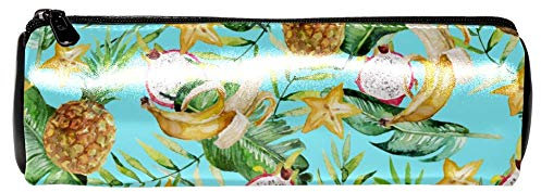 EZIOLY Aquarellstiftmäppchen mit tropischen grünen Palmenblättern, Banane, Ananas, Pitaya, Blau, Leder für Stifte, Münzen, Kosmetiktasche, Make-up-Tasche für Schule, Arbeit, Büro