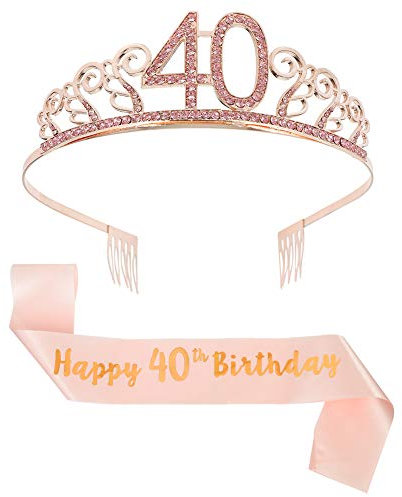 Bohoman Rose Gold Happy 40th Birthday Sash and 40 Birthday Tiara Rhinestone Crown Headband for 40 Birthday Gift Party Accessories 40th Birthday Decoration Girls Women