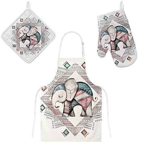 MyDaily Kochschürze, Ofenhandschuh und Topflappen Set, Tribal Elefant Verstellbare Schürze mit Taschen, Ofenhandschuh und Topflappen 3-teilig, Küche Geschenkset