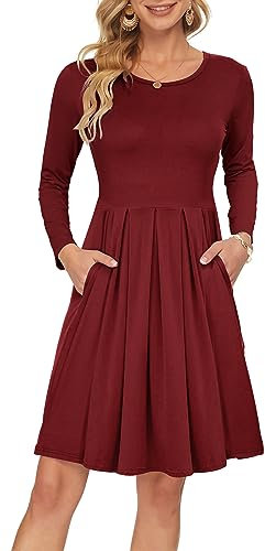 AUSELILY Damen Langarm Plissee Loose Swing Freizeitkleid mit knielangen Taschen Wein Rot M