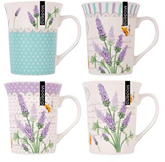 YöL Set of 4 New Bone Lavender And Butterfly Themed Mugs 13oz Ideal For Coffee & Tea