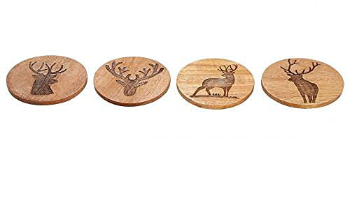 Untersetzer Mangoholz mit verschiedenen Hirschmotiven 4 Stück rund 10 cm