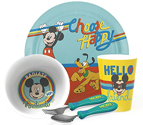 Zak Designs Disney Mickey Mouse Ensemble de vaisselle pour enfants comprenant assiette, bol, gobelet et ustensiles, fabriqué en matériau durable et parfait pour les enfants (5 pièces, sans BPA)