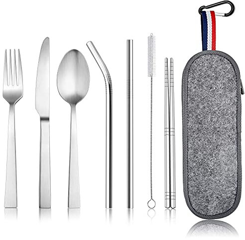 Homikit 8 Piece Camping Cutlery Set for 1, Stainless Steel Travel Utensils with Portable Case, Individual Silverware Set Includes Reusable Knife, Fork, Spoon, Straws and Chopsticks, Matte Silver