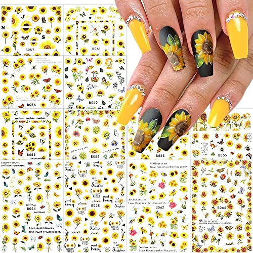 JMEOWIO Nagelsticker Frühling Blumen 12 Blätter Nagelaufkleber Selbstklebend Sonnenblume Nail Art Dekoration NagelDesign Zubehör für Frauen Mädchen