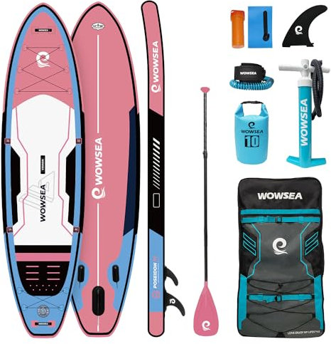 WOWSEA P1 Aufblasbares Paddle Board, Langlebiges und Stabiles Touren Paddelboard, Reisen & Freizeit SUP Board mit Dual Action Pumpe, Fiberglaspaddel, Knöchelleine und Allround Zubehör (Rosa)