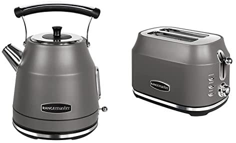 Rangemaster Classic Grey Cordless Electric Kettle (1.7L, 3kW) & 2 Slice Toaster (1kW) With Defrost, Cancel & Reheat Functions