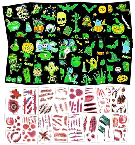 Halloween Tattoo, 30 Blätter Halloween Tattoos Für Kinder Mitgebsel, Halloween Tattoo Leuchtende Gesicht, Schwarzlicht Deko für Masquerade Party Makeup Gruselparty Kindergeburtstag Gastgeschenke