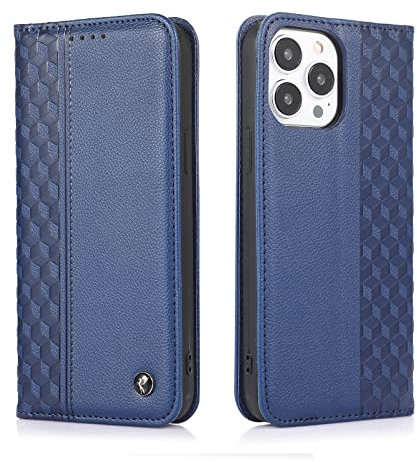 TOHULLE Case for iPhone 14 Pro, Premium PU Leather Wallet Case Card Holder Kickstand Built-in Magnetic Closure Plaid Pattern Flip Folio Phone Cover for iPhone 14 Pro - Blue