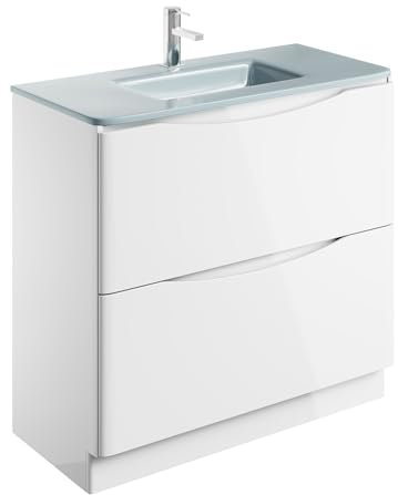 Eaton White Floor Standing Vanity Unit Includes White Glass Basin Bathroom Furniture Storage Unit 900mm