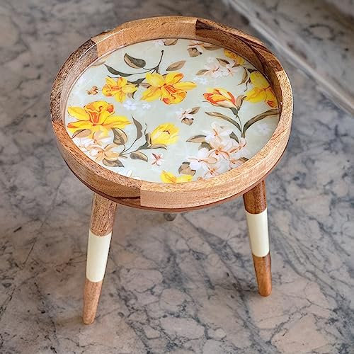 Hartsmede Mango Wood Side Table – Handmade 85% Artisan Small Coffee Table – 38cm Enamel Top – Resin-Coated – Two Heights: 18 or 24 – Lightweight & Strong – Living Room or Bedroom (V Bouquet, 18)