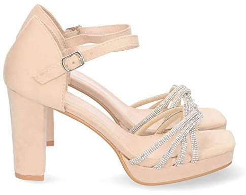 shoes&blues.es 69538-Sandalia de Tacon para Mujer, Comodo, Palas con Strass, y Cierre de Cremallera, Primavera Verano 2023. Talla 37 Beige