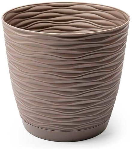 AC - Maceta Redonda con Plato - Diseño Wind (Ø 15 cm) - Fabricado en plástico - Ideal para jardín Exterior, terraza o balcón - Color Marrón Topo