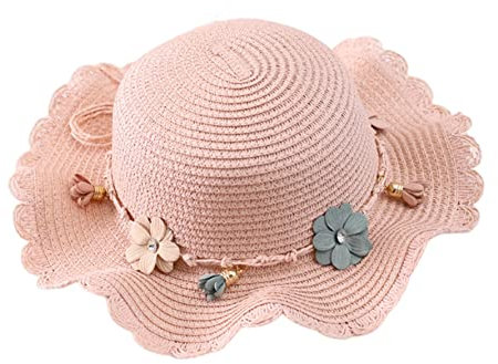Blogiiup Mädchen Sonnenhüte, Sommerstrandhut mit Blumen Dekoration, Sommer Beach Flower Strohhut, Outdoor Sun Visor Hut für Weihnachtskinder (rosa)