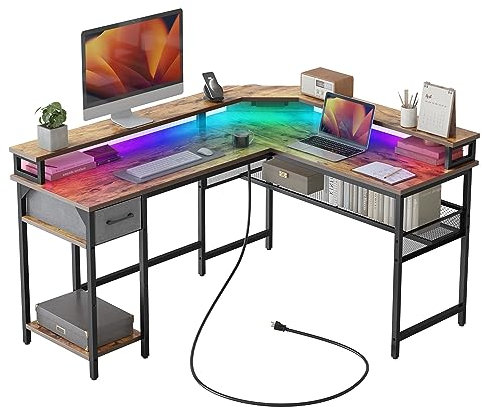 CubiCubi Moderner L-förmiger Computertisch, Mit LED-Licht und Steckdose, 148 x 120 cm PC-Tisch, Stabiler Schreibtisch, Eckschreibtisch, Braun