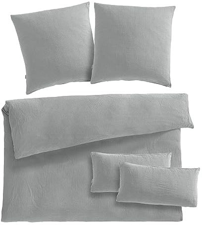 Pure Label Musselin Bettwäsche 200x220 5teilig bestehend aus einem Bettbezug 200x220 cm + Kissenbezug 80x80 2er Set + 40x80 Kissenbezug 2er Set aus Baumwolle - Kuschelige Bettwäsche in grau