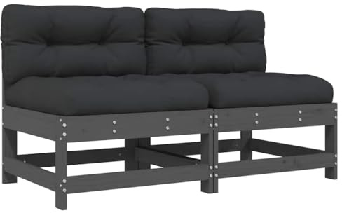 vidaXL Mittelsofa 2 STK., Gartensofa mit Kissen Latten-Design, Modular Sofa Garnitur für Garten Terrasse, Gartenmöbel Sitzgruppe Loungemöbel, Grau Massivholz Kiefer