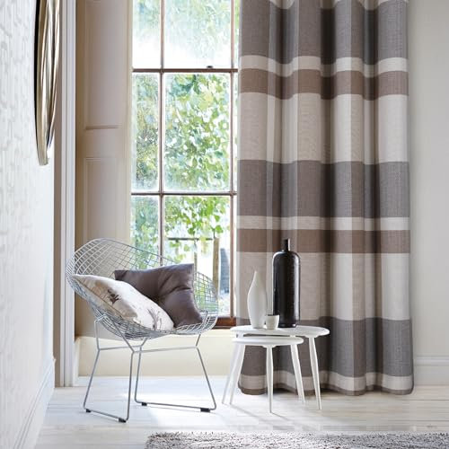 always4u Vorhänge, 100 % blickdicht, schalldämmend und thermisches Futter, Ösenvorhang mit Büffelkaro für Wohnzimmer, Schlafzimmer, modern und künstlerisch, grau und beige, 140 x 245 cm, 2 Stück