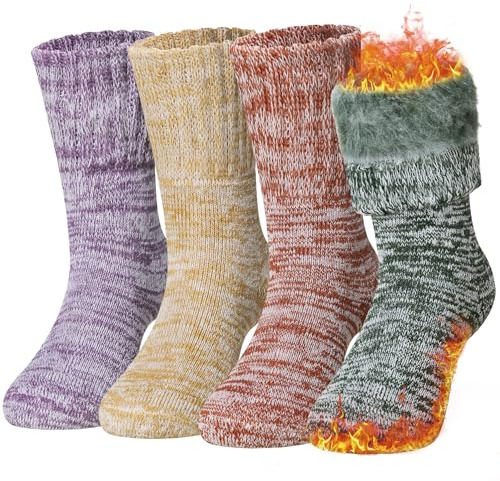 Eocom Kids Warm Thermal Socks for Toddler Boy Girls Winter Ski Thick Insulated Heated Boot Socks for Extreme Cold Weather 4 Pairs(Red/Purple/Green/Yellow, 8-12 Years)