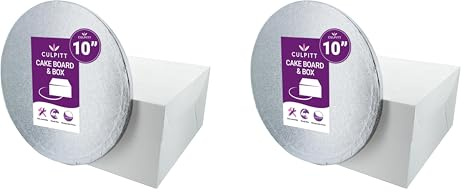 Culpitt 10 Round Silver Cake Drum Board & Box Combo, 10 Inch Square Box and Matching Cake Circle Set for Transport