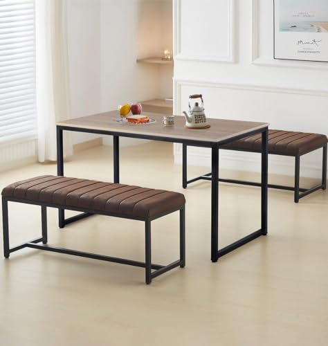 Hallowood Furniture Kempley Fixed Top Dining Table and Bench Set 2 in Brown Faux Leather Upholstery, Oak Effect Rectangular Table with Benches, Modern Dining Room Sets for Home or Cafe