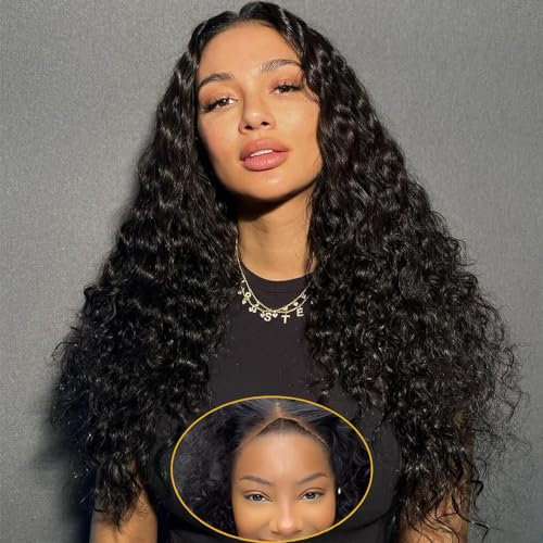Glueless Wig Deep Wave Lace Front Wig Human Hair 180% Densité 4X4 Transparent Lace Closure Wigs for Black Women Wear and Go Lace Front Wigs sans glue Wigs Pre Plucked Natural Color (18 Inch)