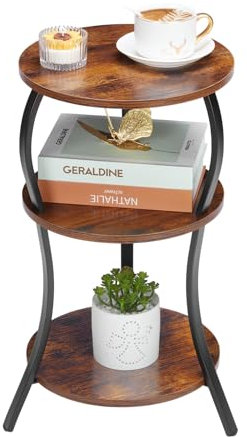 YEAKOO Vintage Round Side Table,3-Tier Slim Waist End Table with Storage Shelves,Round Sofa Side Table Small Corner Coffee Table Bedside for Living Room Bedroom Small Spaces