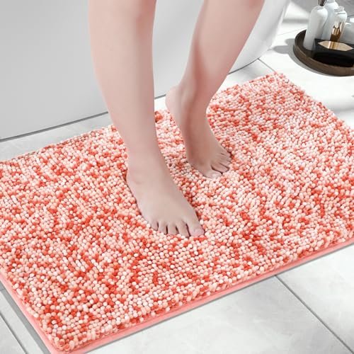 Yimobra Tapis de salle de bain en chenille antidérapant moelleux et luxueux, extra doux, absorbant l'eau, pour sol et lavabo, lavable en machine, orange et rose, 92 x 61 cm
