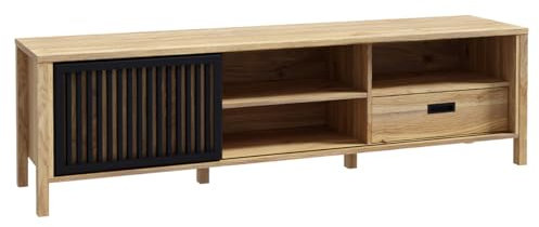 Meuble TV L. 175 cm Décor Noir et Chêne 1 Porte Coulissante Ajourée 1 Tiroir avec Ouverture Complète et Poignée en Plastique Noir - Design Naturel et Tendance - Selena