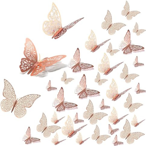 36Pcs 3D Papillons Decoration,Autocollant mural de papillon,Decoration Chambre Papillon Stickers,Or Rose Décoration de Papillon pour Maison Décor de Fête