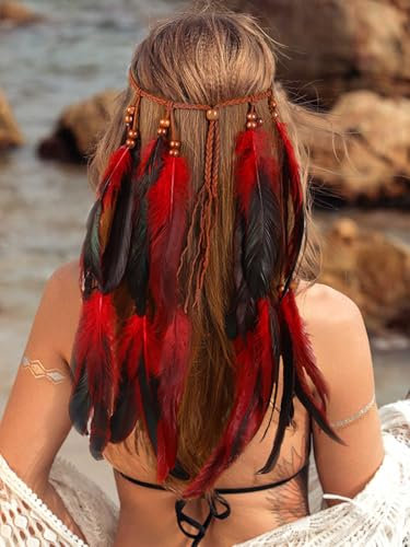Fashband Indisches Feder-Stirnband, Boho-Quaste, Hippie-Stil, Tribal-Kopfschmuck, Festival, Haarschmuck für Damen, Rot, Einheitsgröße