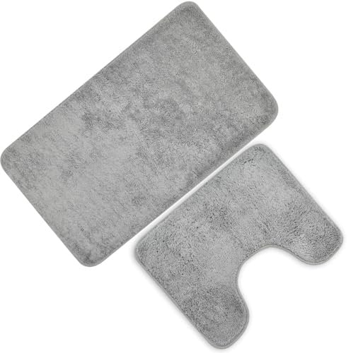 volumoon Lot de 2 Tapis de Salle de Bain Antidérapants en Microfibre, Ensemble de Tapis WC en Forme de U et Tapis Rectangulaire,Tapis de Douche Rapide Antidérapant, Lavable en Machine,Grey