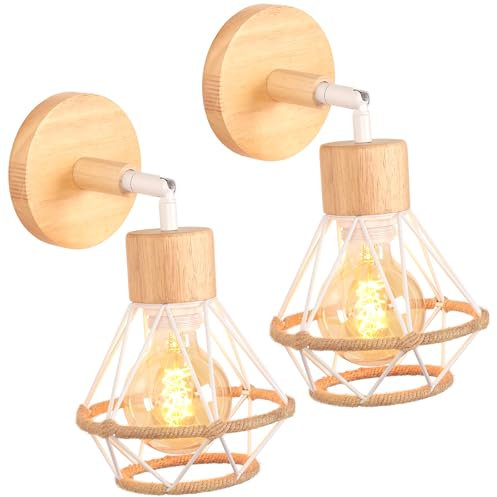 Lampada da Parete Interna Industriale Applique da parete Gabbia Interno E27 Metallo Lampadari e Plafoniere Cucina regolabile 180° Per Cucina Camera da letto (Bianco-Legno-Corda di canapa, 2 pezzi)