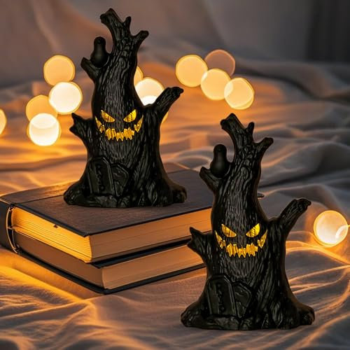 Halloween Deko Geister Baumstumpf mit LED Licht, 2 Stück Halloween Deko Licht, Geister Laterne Kerze Lampe für Halloween Indoor Decor, Batteriebetriebene, für Tisch[Energieklasse F]