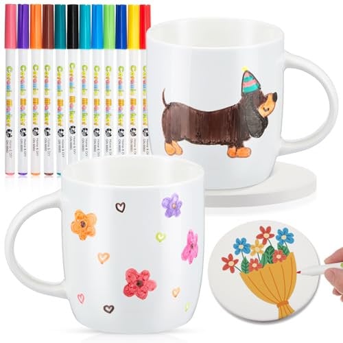 Geiserailie 2 Pcs Paint Your Own Mug DIY Paintable Kit Including 2 Blank Ceramic Sublimation Mugs 12 Color Brushes for Adults Daughter Girlfriend/Boyfriend(Common Style)
