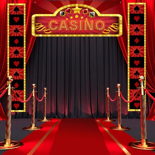 Peryiter 4 Stück Casino Nacht Party Eingang Dekorationen Casino Hängendes Banner Poker Willkommen Veranda Schild Roter Teppich für Las Vegas Spiel Casino Motto Geburtstag Party Supplies Foto