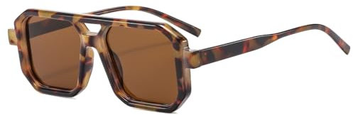 Long Keeper Retro Pilot Sonnenbrille - Herren Damen 70er Jahre Flache Vintage Quadratische Doppel Brücken UV400 Schutz (Braun Leoparden Braun)