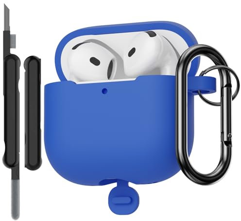 AOTUAO Custodia Compatibile con AirPods 4a Generazione Case Cover con Kit di Pulizia, Case Protettiva Antiurto in Silicone per AirPods 4 2024 Custodia con Moschettone, Blu