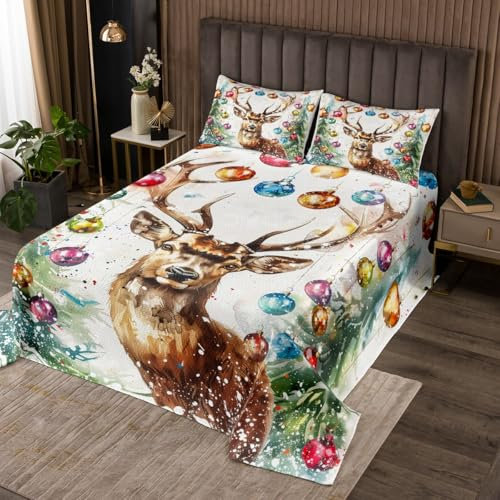 Loussiesd Weihnachten Hirsch Tagesdecke 220x240cm Rustikales Rentier Tier Wohndecke Jungen Mädchen Weihnachtskiefer Bettüberwurf Wild Tier Wohndecke mit 2 Kissenbezüge
