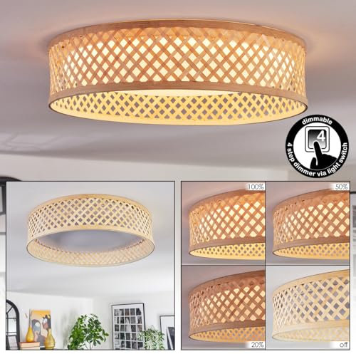 HOFSTEIN LED Deckenleuchte Barroco, dimmbare Deckenlampe aus Metall/Bambus/Kunststoff in Weiß/Natur, Retro/Vintage/Boho-Design, Memory-Funktion, 24 Watt, Esszimmer, Wohnzimmer, Schlafzimmer, Küche