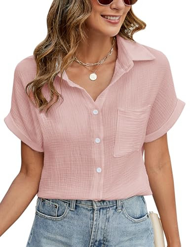 PASUDA Womens Blouse Summer Casual Short Sleeve Shirts V Neck Button Down Shirts Tops Ladies Basic Loose Cotton Tunic T Shirts Top (Pink, M)