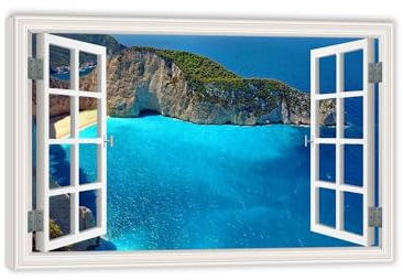 RXNHGJDS Leinwandbild Fenster Strand Wohnzimmer,beach cliff bay ocean,Wandbild Fensterblick Strand Bild Blau Wandbilder Meer Bild FüR Schlafzimmer90x60cm(35x24in) Inner frame