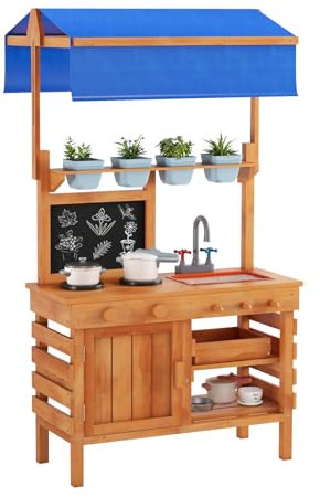 GOPLUS Matschküche Kinder Outdoor, Spielküche aus Tannenholz mit verstellbarem Baldachin, Spüle, 4 Töpfen, Stauraum & beschreibbarer Tafel, Kinderküche Gartenküche für Kinder ab 3 Jahren