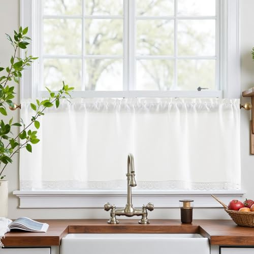 Vangao Scheibengardinen Küche Spitzenborte Weiß Leinenoptik Bistrogardine 1er Set 125Bx45Hcm mit Stangendurchzug Volant für Wohnwagen kinderzimmer Landhausstil Gardinen Kurz Lichtdurchlässig