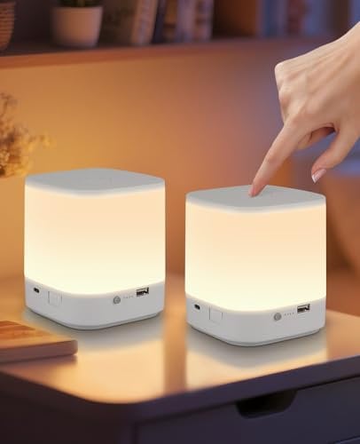 Homefire Lampada da comodino a LED, 2 pezzi, dimmerabile: lampada da tavolo a batteria, 3600 mAh, USB, ricaricabile, colore bianco, senza fili, con 3 temperature di colore e luce notturna per camera