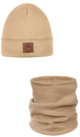 Ander Smile Mütze und Schal Set Kinder 97% Baumwolle, angenehm weich - Beanie Mütze Kinder, Schlauchschal, Loop Schal, Baumwollmütze für Jungen & Mädchen - Übergangsmütze Herbst Frühling