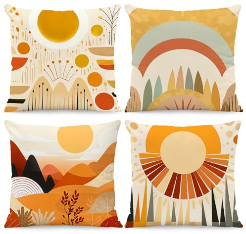 BREASOME Kissenbezug 45x45 cm 4er Set Kissenbezüge Abstrakte Geometrisches Sonne Regenbogen Gebirge Kissenhülle Dekorative Sofakissen Dekokissen Zierkissenbezug für Sofa Couch Wohnzimmer Schlafzimmer