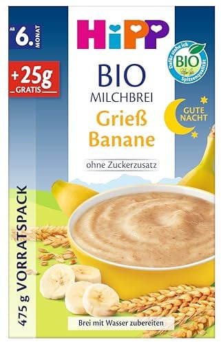 HiPP BIO Milchbrei Gute-Nacht Grieß Banane (4 x 475g), ab 6. Monat, ohne Zuckerzusatz, mit Bio-Vollkorngetreide und Bio-Bananen, in bester Bio-Qualität