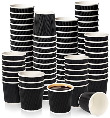 LeonBach 100 Pack 4oz Disposable Espresso Cups,Ripple Corrugated Paper Insulated Hot Cups,Mini Coffee Cups 4 oz Paper Cups for Party Picnic Hot Cold Drinks Cocoa Beverage Tea,Black