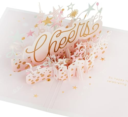 Hallmark Celebrate Card 3D & Pop Up Cheers Stars & Banner Design, Pink | Birthday, Congratulations, Gold Foil Details, Card 9cm by 23.8cm by 17.3cm, Signature Pink Envelope with Gold Foil Lining